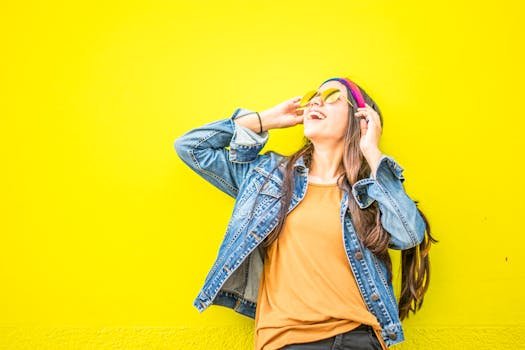 Smiling woman in sunglasses stands against vibrant yellow wall, radiating happiness.